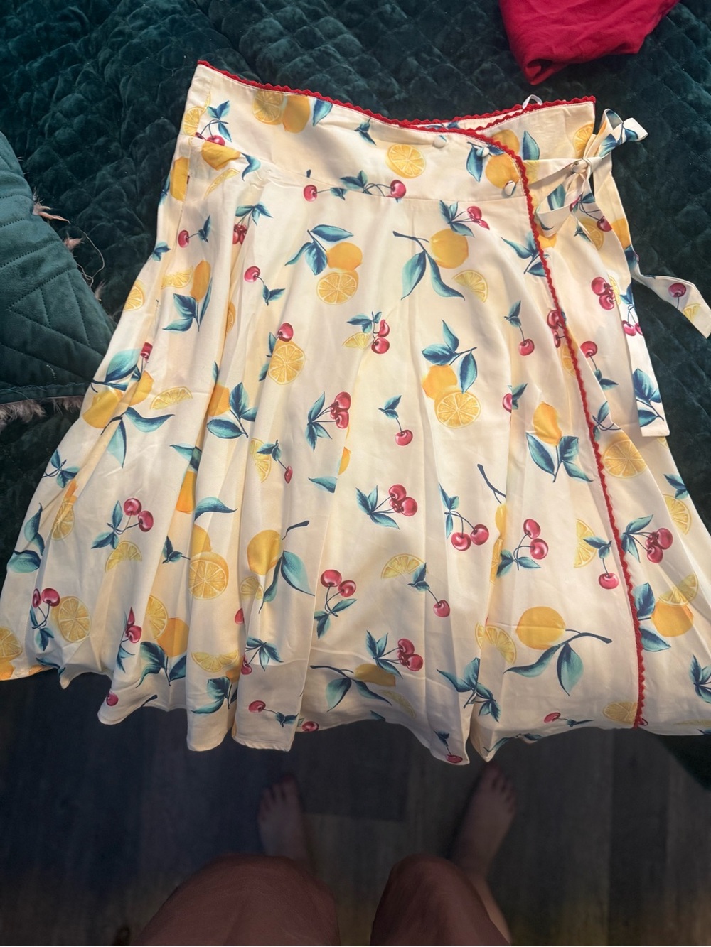 Voodoo Vixen Cream Fruit-Print Wrap Skirt with Yellow & Red Accents